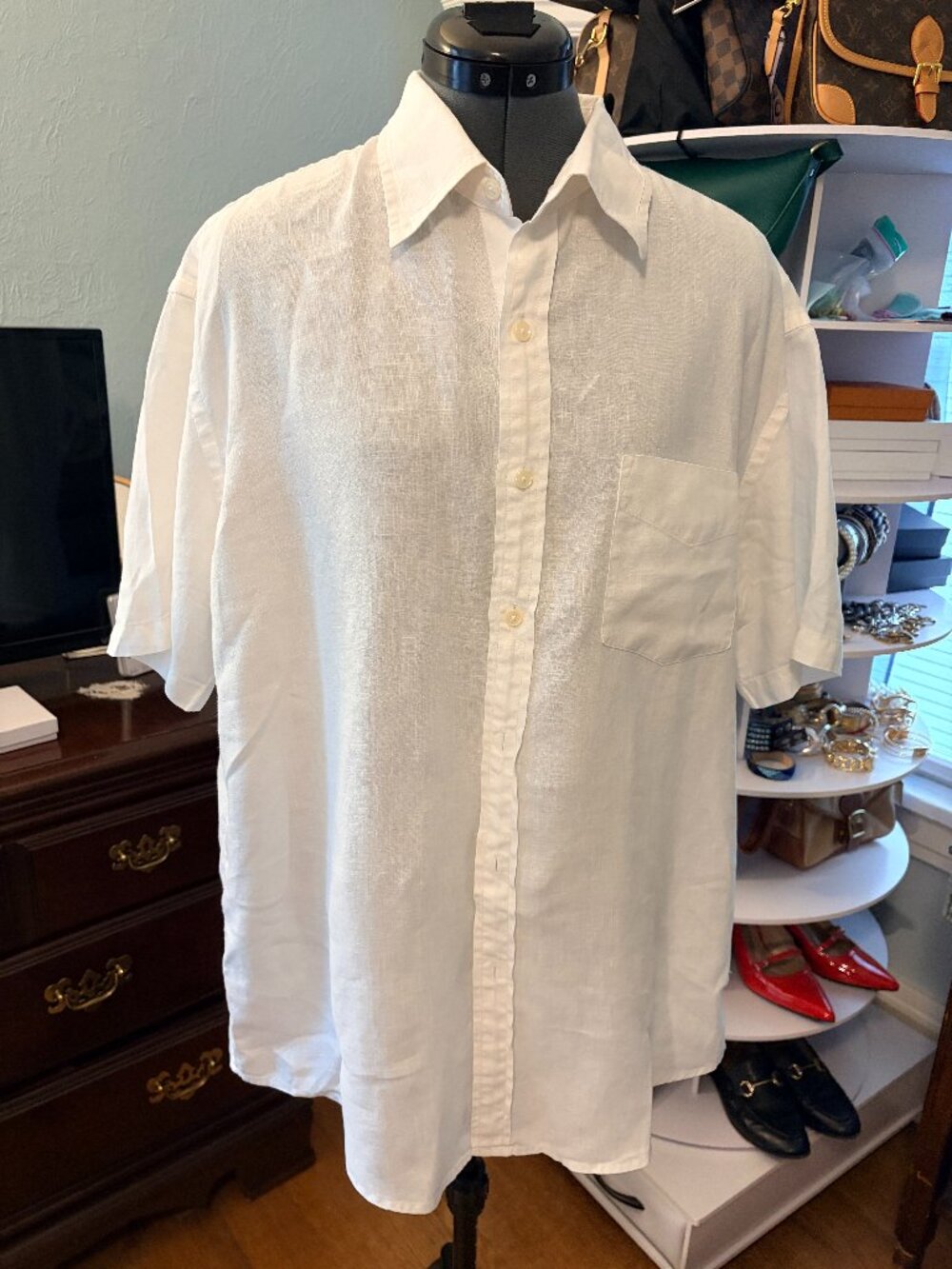 J Crew White Linen Button Up Shirt Mens L Short Sleeve Coastal Resortwear Vacay